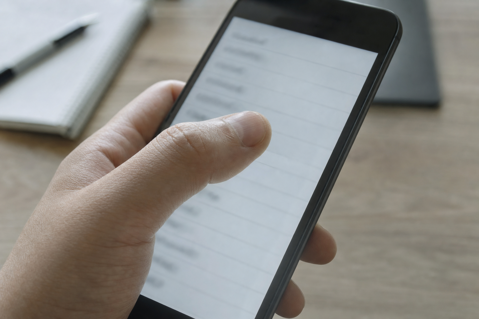 Un pollice sospeso sopra lo schermo di un telefono, sul punto di toccare una lista di voci di menu troppo vicine fra loro